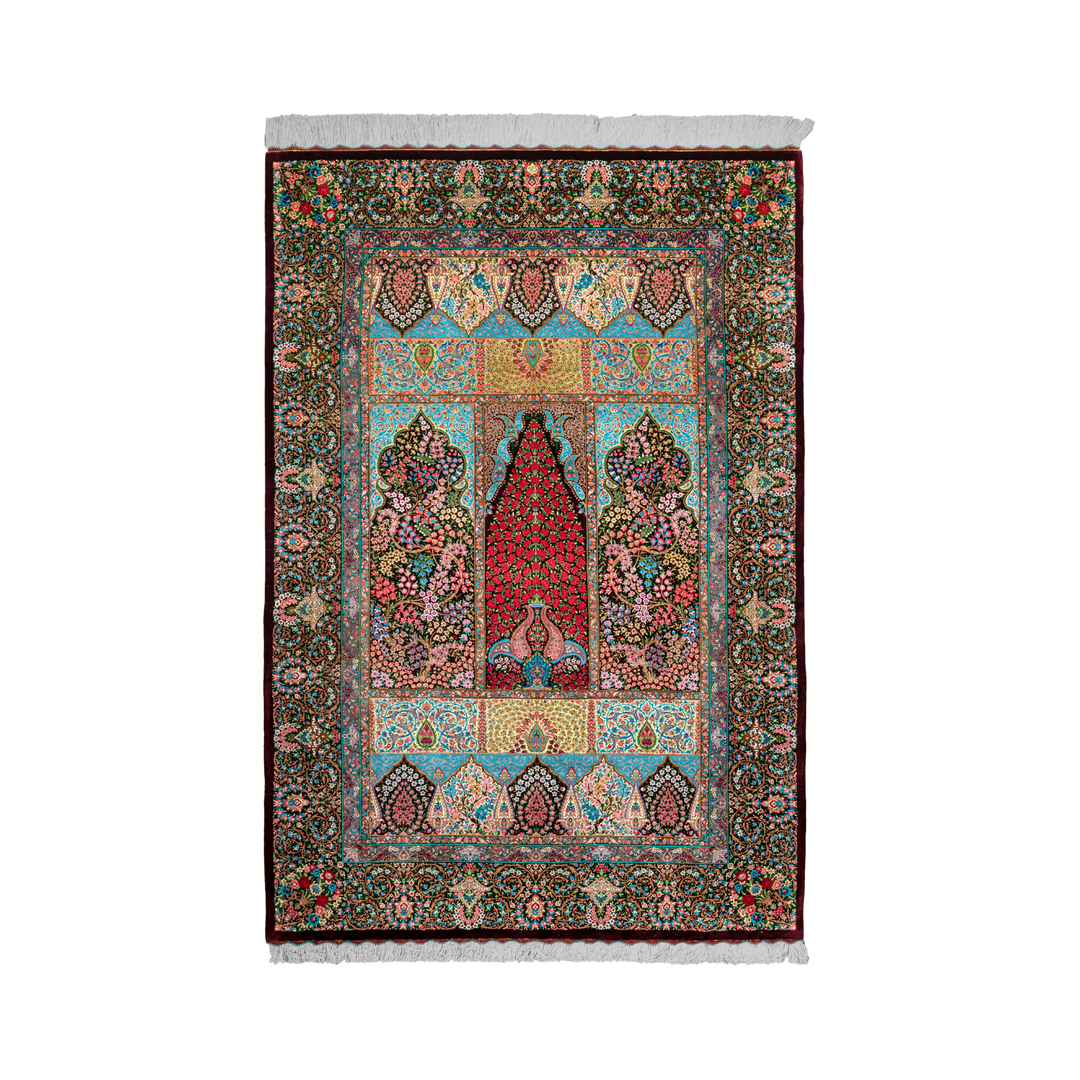Prayer Persian handmade silk rug in Dark Brown, 196 × 134 cm