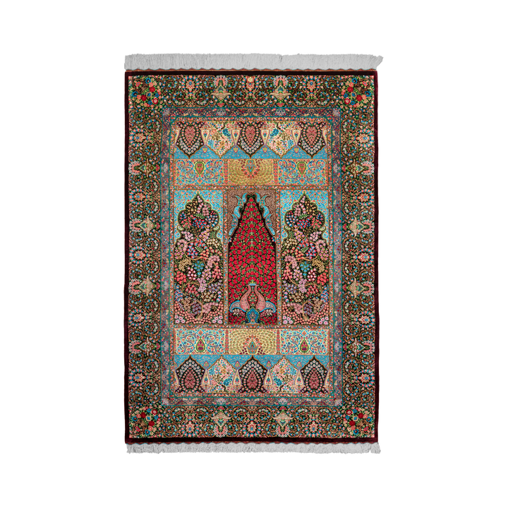 سجادة فارسية حريرية مصنوعة يدويًا Prayer، بلون بني داكن، 196 × 134 cm