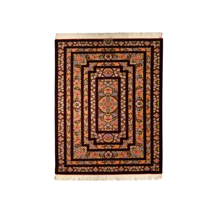 سجادة فارسية من الصوف والحرير مصنوعة يدويًا Panel Garden، بلون أحمر داكن، 197 × 137 cm
