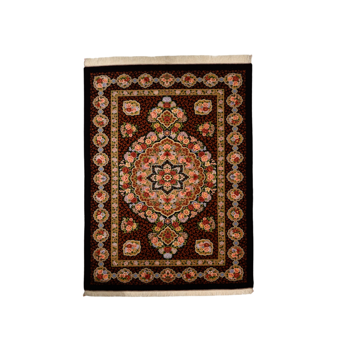 Bouquet Persian handmade wool and silk rug in Dark Brown, 210 × 135 cm