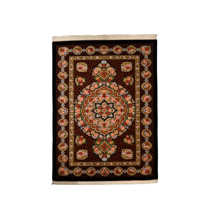 Bouquet Persian handmade wool and silk rug in Dark Brown, 210 × 135 cm