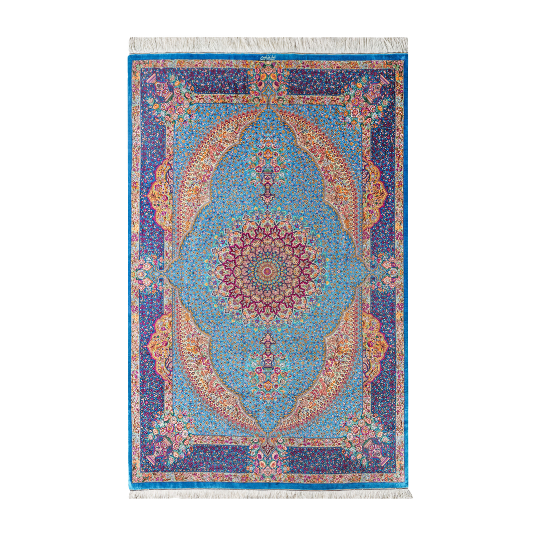 Prayer Persian handmade silk rug in Blue, 195 × 134 cm