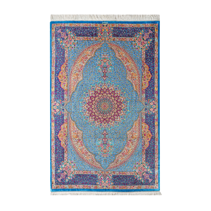 سجادة فارسية حريرية مصنوعة يدويًا Prayer، بلون أزرق، 195 × 134 cm