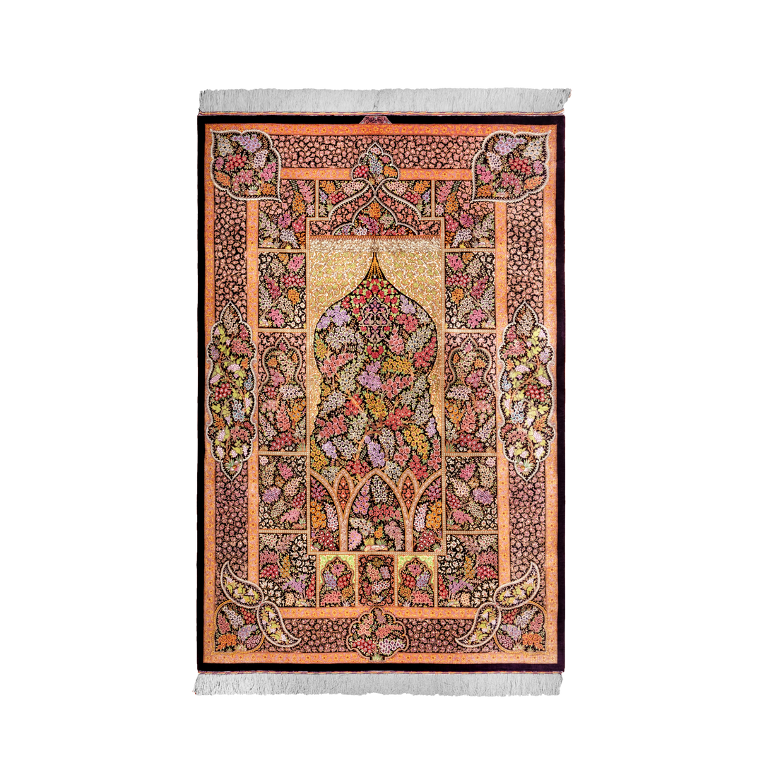 Life Tree Persian handmade silk rug in Dark Purple, 208 × 136 cm