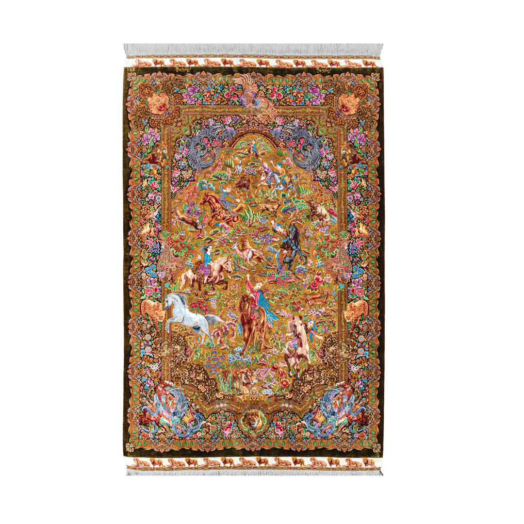 Hunting Persian handmade silk rug in Golden, 207 × 139 cm