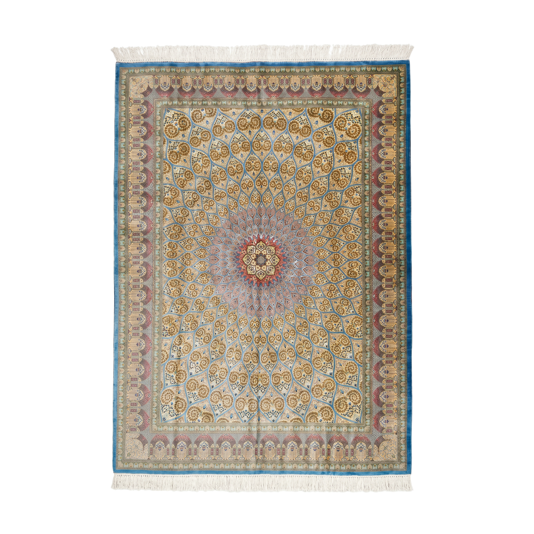 Islamic Persian handmade silk rug in Blue, 345 × 244 cm