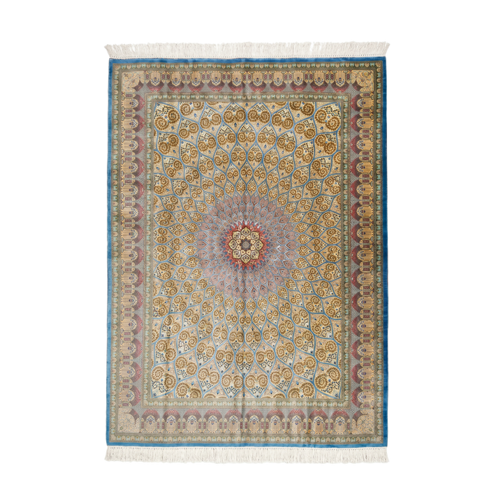 Islamic Persian handmade silk rug in Blue, 345 × 244 cm
