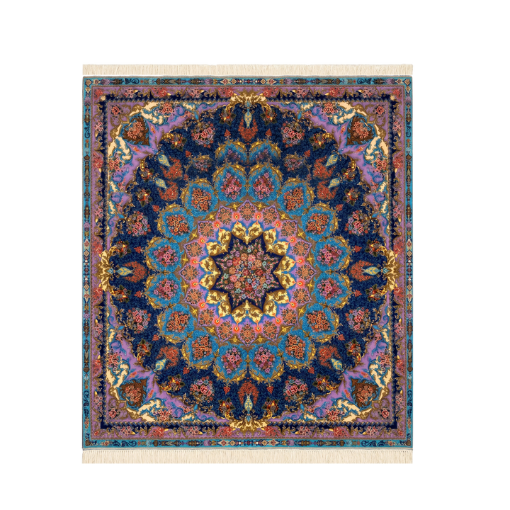 Central Medallion Persian handmade silk rug in Light Blue, 209 × 204 cm