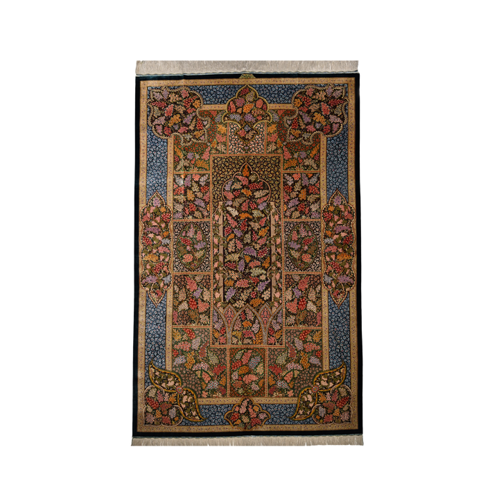 Life Tree Persian handmade silk rug in Dark Green, 277 × 167 cm