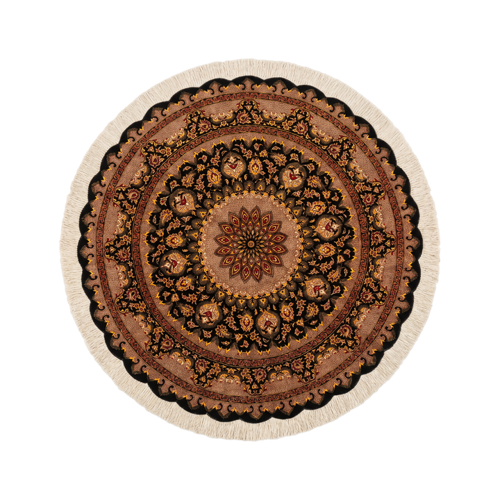 Medallion Persian handmade silk rug in Black, 122 × 122 cm
