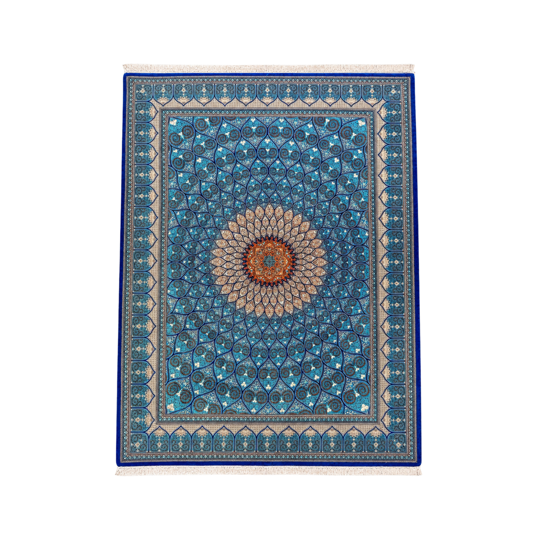 Islamic Persian handmade silk rug in Blue, 357 × 243 cm