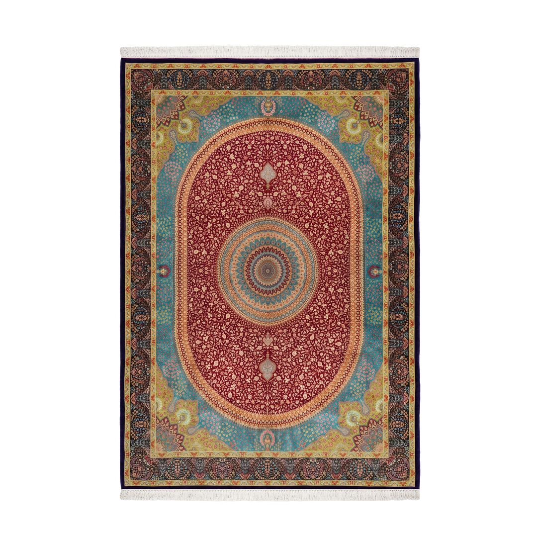 Boteh Medallion Persian handmade silk rug in Purple, 388 × 299 cm