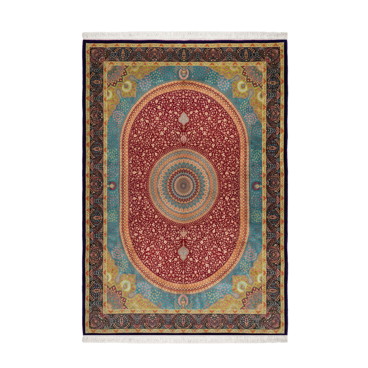 Boteh Medallion Persian handmade silk rug in Purple, 388 × 299 cm