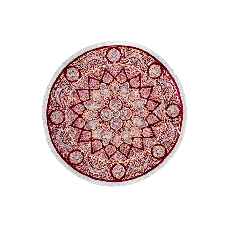 Sunbrust medallion Persian handmade silk rug in Red, 244 × 244 cm