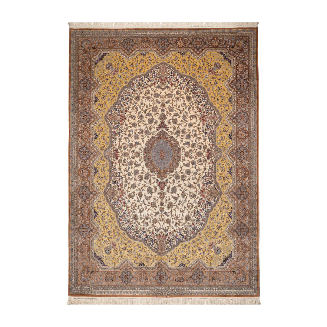 Medallion Corner Persian handmade silk rug in Brown, 507 × 347 cm