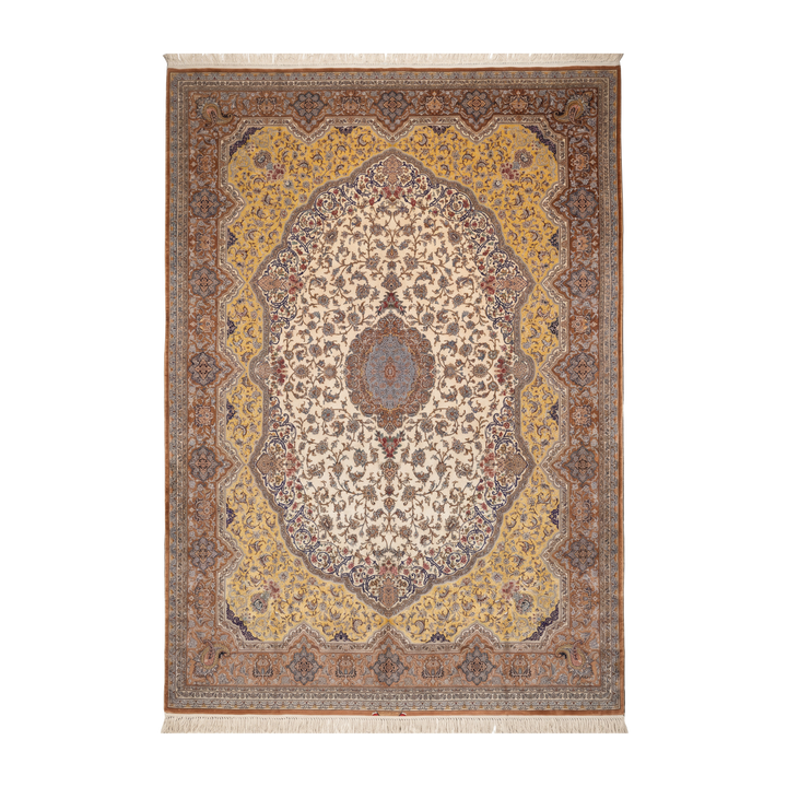 سجادة فارسية حريرية مصنوعة يدويًا Medallion Corner، بلون بني، 507 × 347 cm