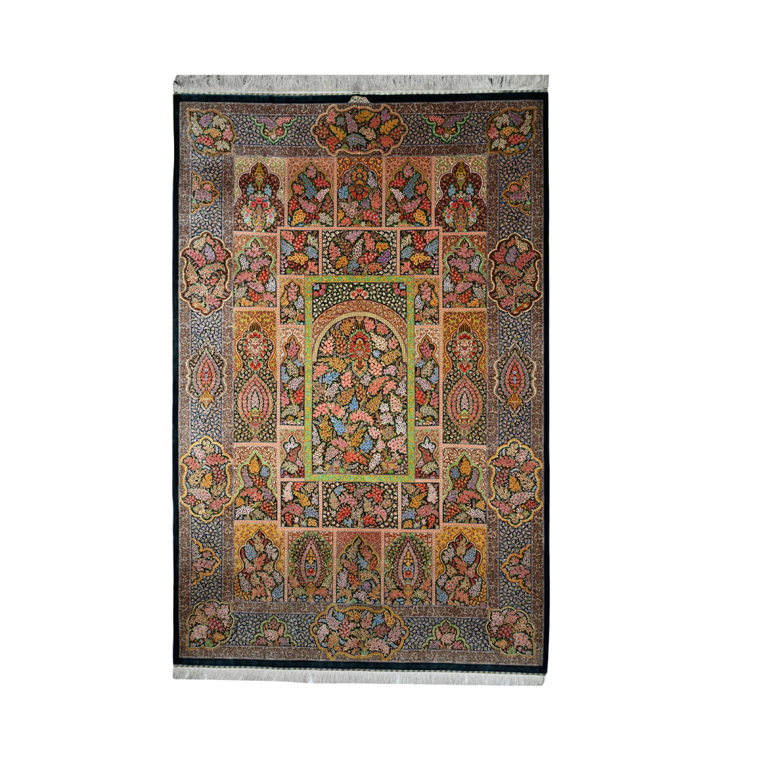 Kheshti Persian handmade silk rug in Dark Green, 307 × 201 cm