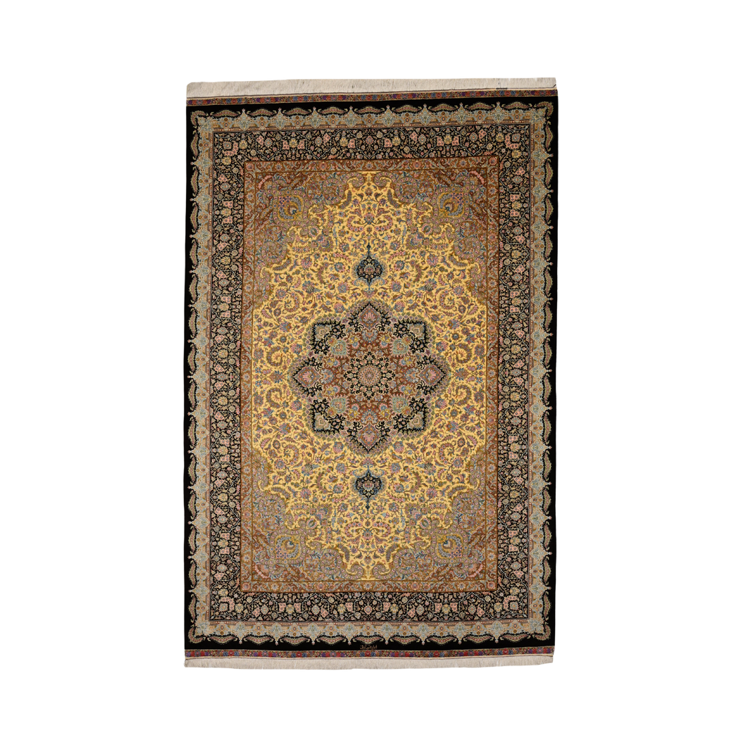 Central Medallion Persian handmade silk rug in Brown, 305 × 202 cm