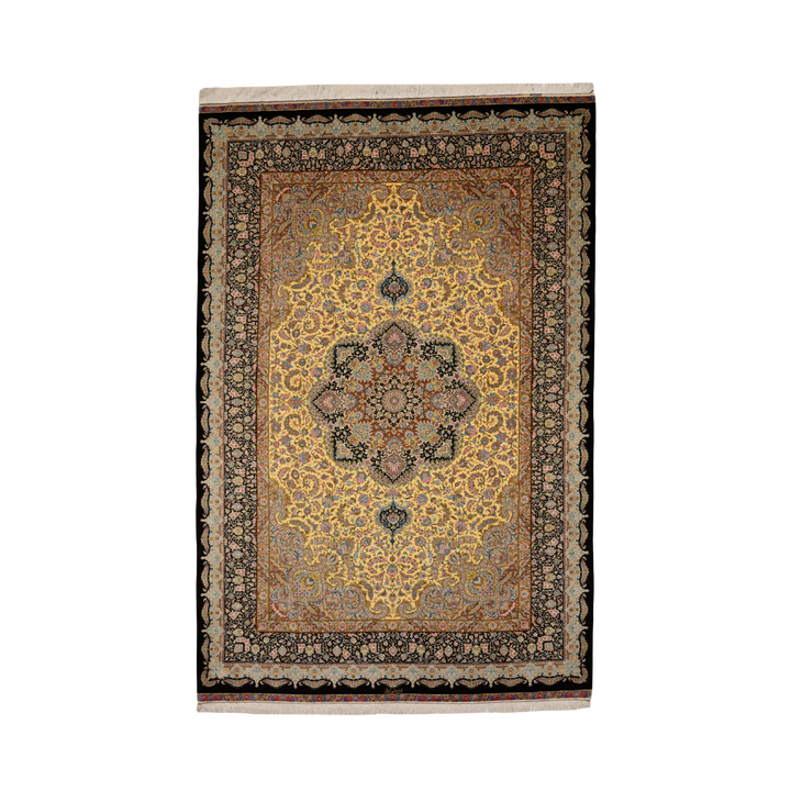 Central Medallion Persian handmade silk rug in Brown, 305 × 202 cm
