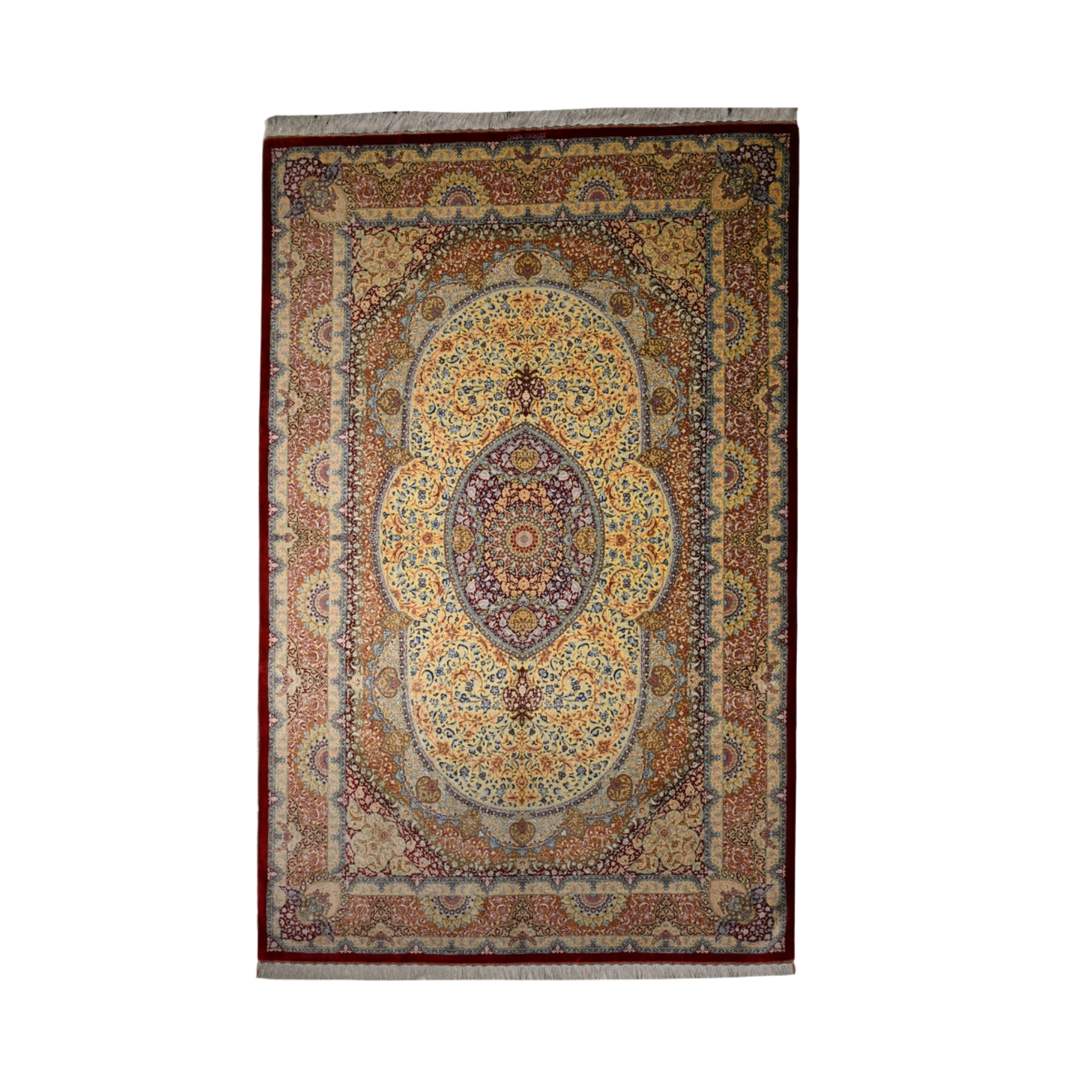 Medallion Persian handmade silk rug in Red, 311 × 201 cm
