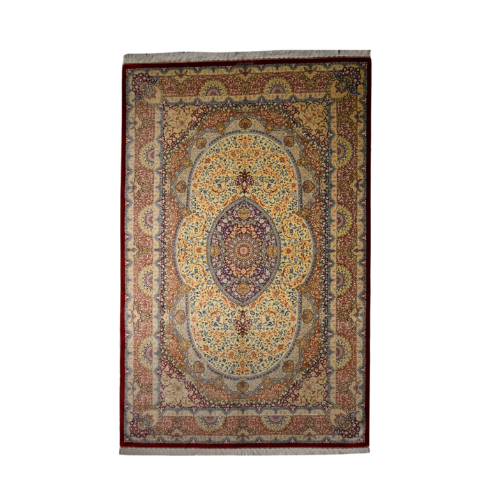 Medallion Persian handmade silk rug in Red, 311 × 201 cm