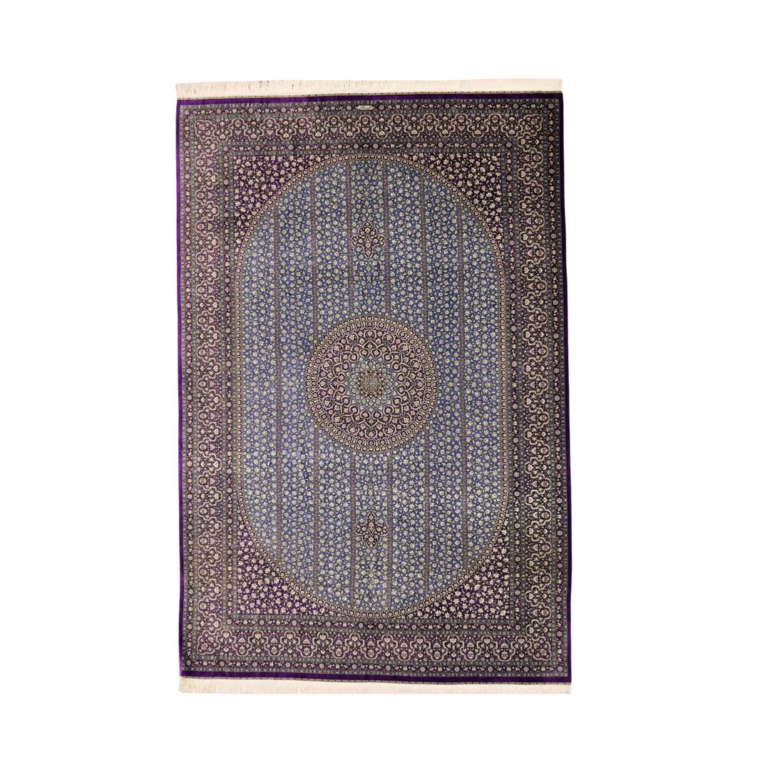 Panel Medallion Persian handmade silk rug in Purple, 303 × 202 cm