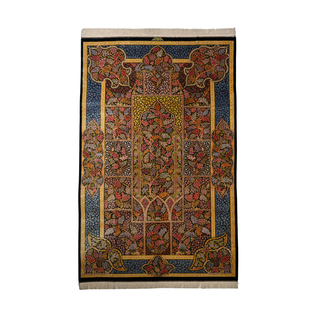 Life Tree Persian handmade silk rug in Dark Green, 261 × 166 cm