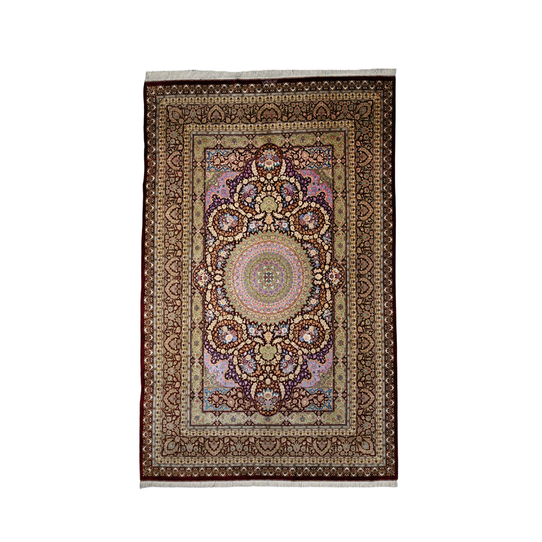 Medallion Persian handmade silk rug in Red, 308 × 194 cm