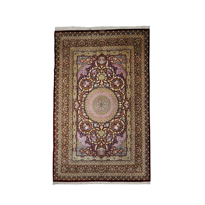 Medallion 波斯手工丝绸地毯，红色，308 × 194 cm