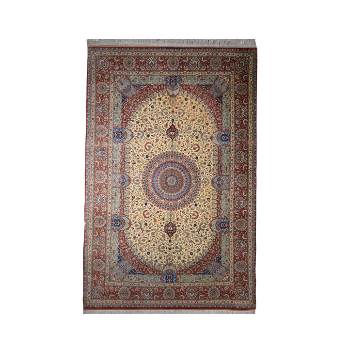 Central Medallion Persian handmade silk rug in Peach, 302 × 198 cm