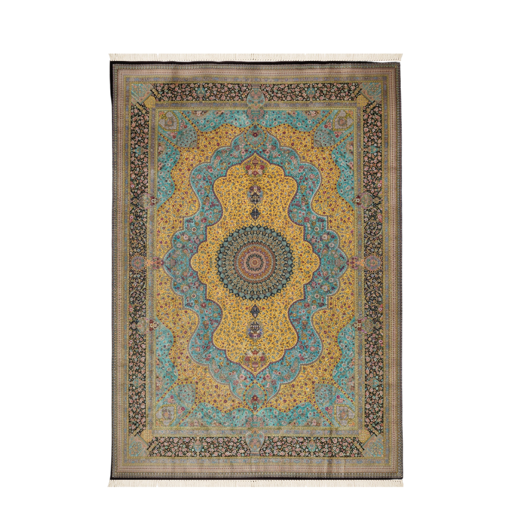 Boteh Medallion Persian handmade silk rug in Brown, 396 × 295 cm