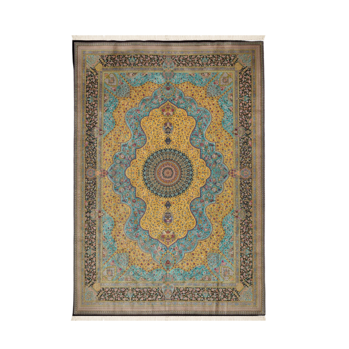 Boteh Medallion Persian handmade silk rug in Brown, 396 × 295 cm