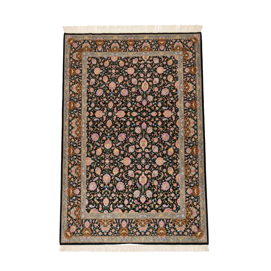 All Over Floral Persian handmade silk rug in Black, 395 × 294 cm