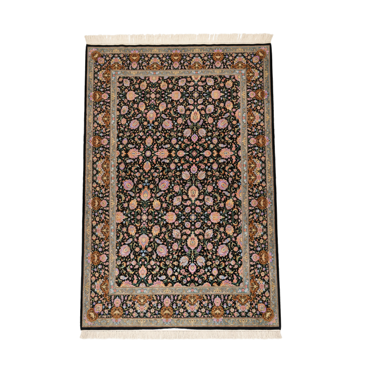 سجادة فارسية حريرية مصنوعة يدويًا All Over Floral، بلون أسود، 395 × 294 cm