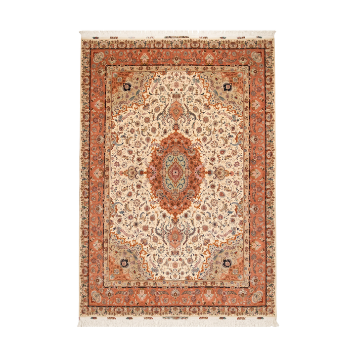 Shah abbasi floral Persian handmade wool and silk rug in Cream, 403 × 298cm