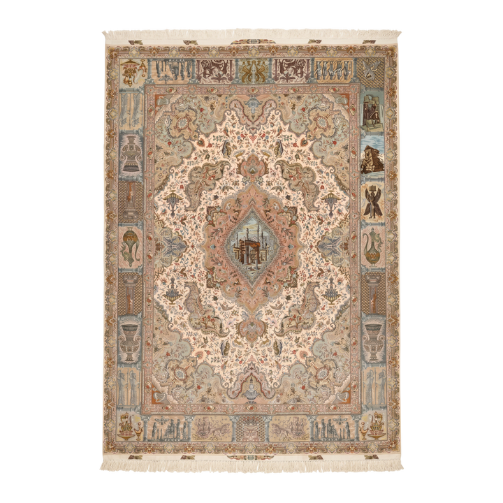 Takhte Jamshid Persian handmade wool and silk rug in Cream, 403 × 296cm