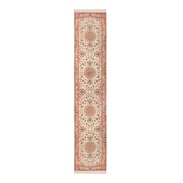 Medallion Persian handmade wool and silk rug in Beige, 411 × 83 cm