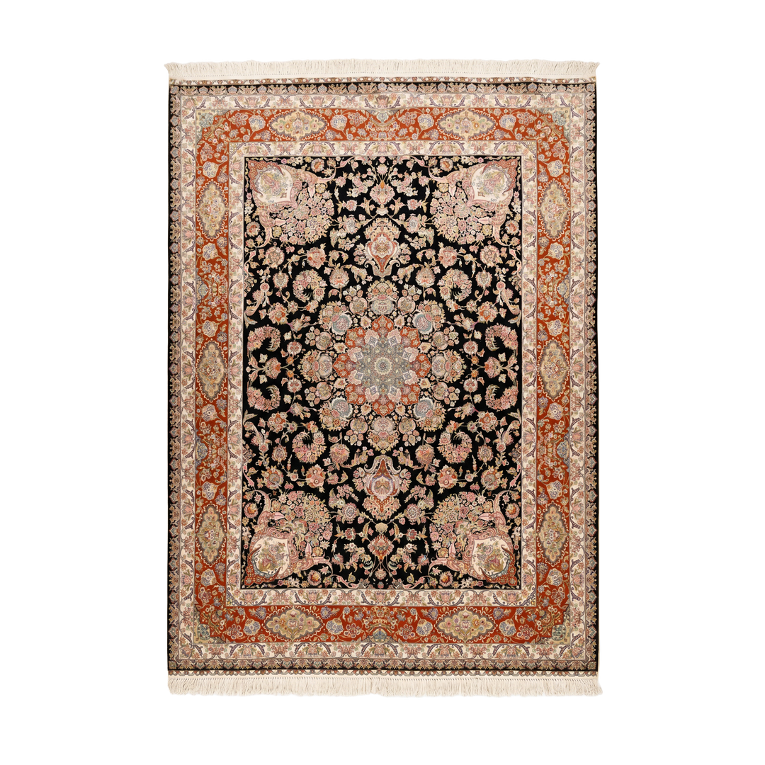 Floral Vase Persian handmade silk rug in Black, 412 × 295 cm