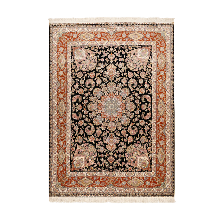 Floral Vase Persian handmade silk rug in Black, 412 × 295 cm
