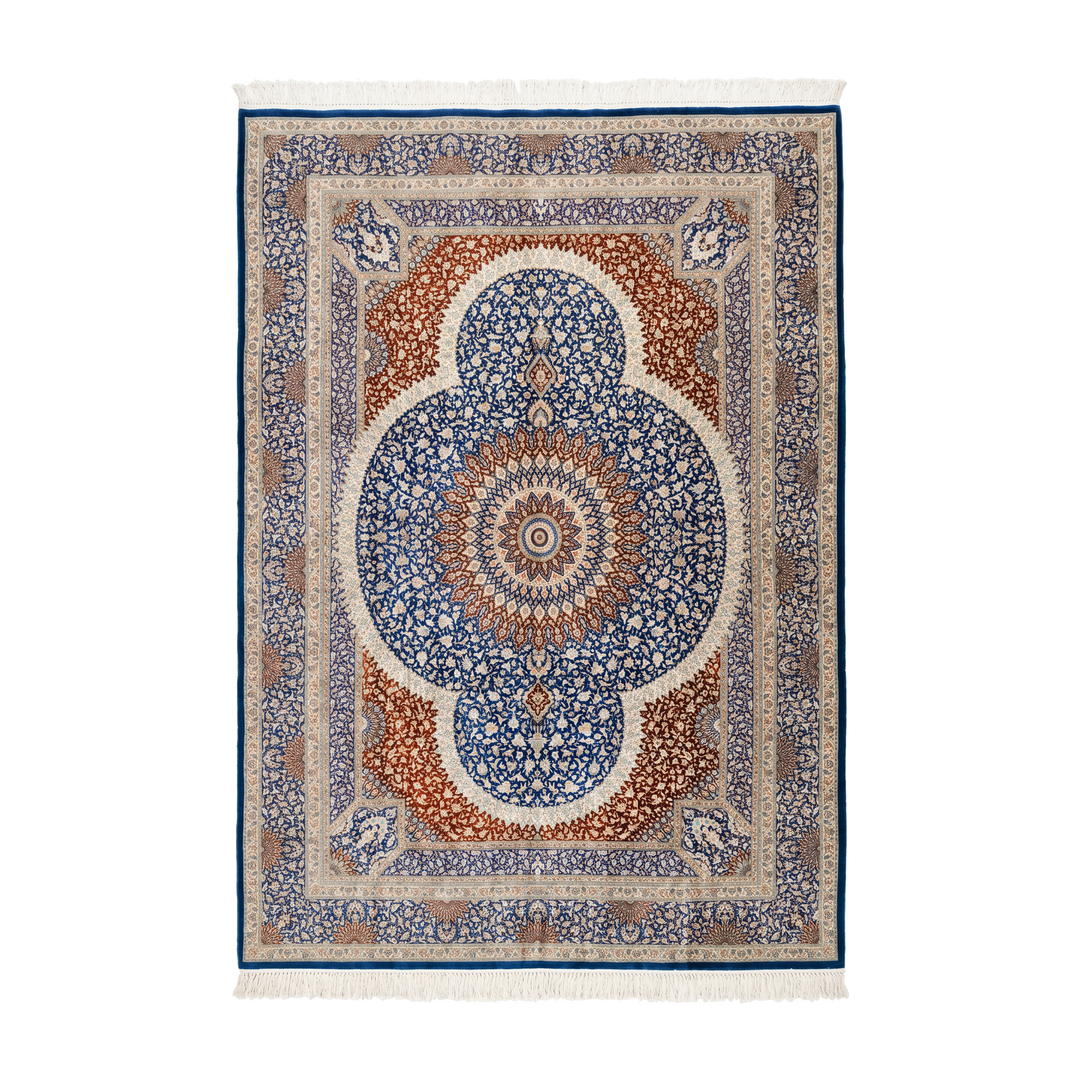 Medallion Shah Abbasi Persian handmade silk rug in Dark Blue, 355 × 246 cm