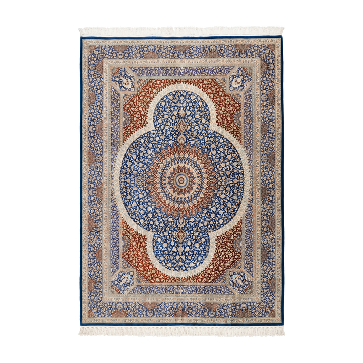 Medallion Shah Abbasi Persian handmade silk rug in Dark Blue, 355 × 246 cm