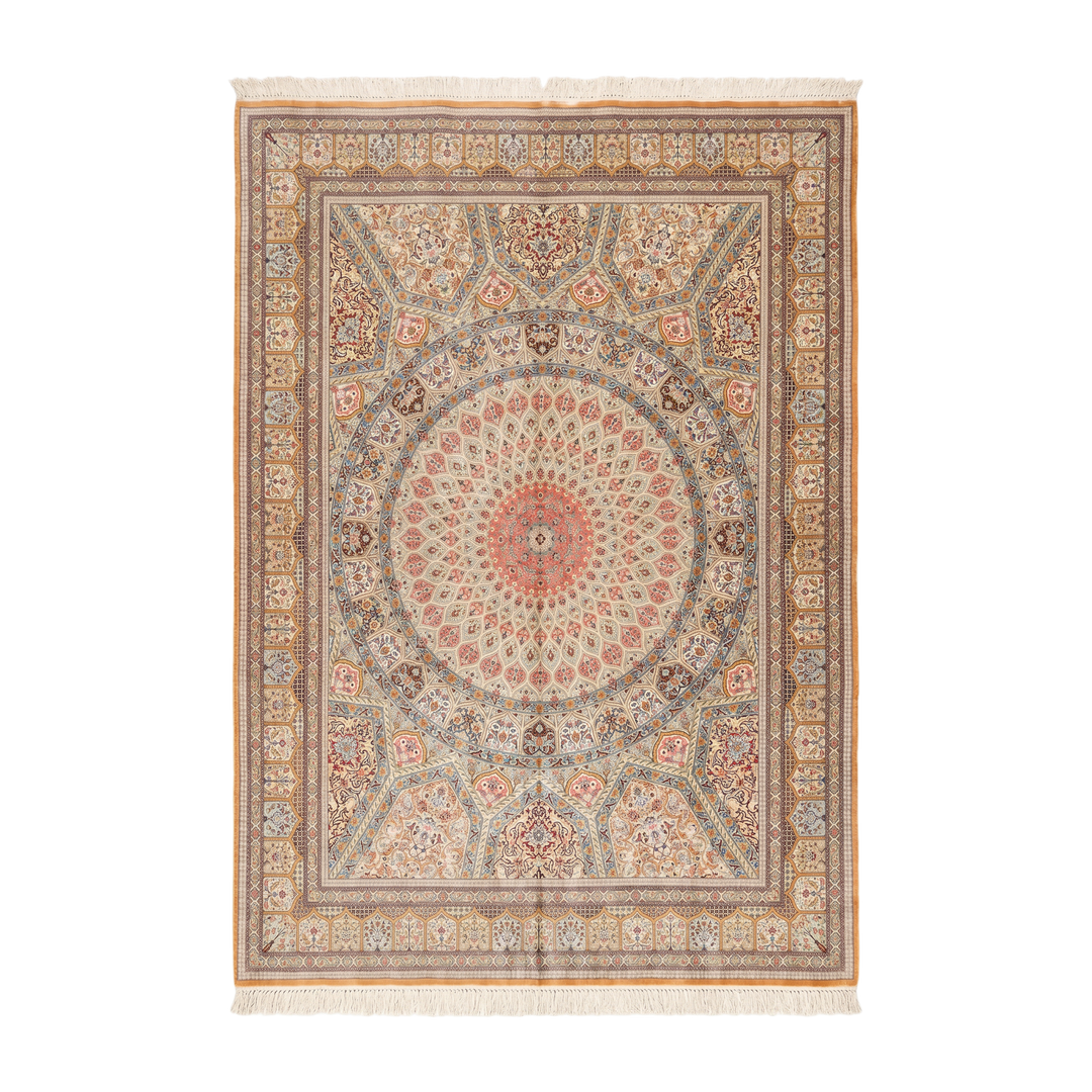 Islamic Persian handmade silk rug in Brown, 397 × 293 cm