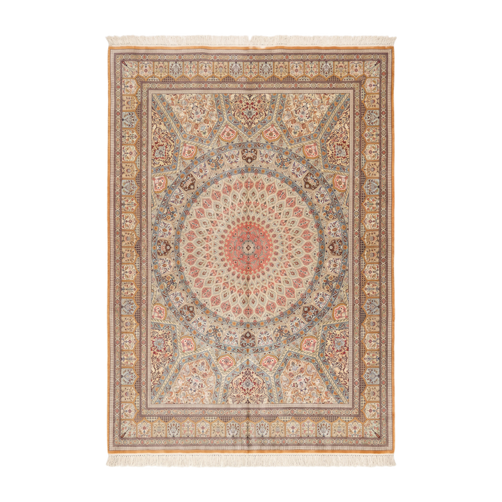 Islamic Persian handmade silk rug in Brown, 397 × 293 cm