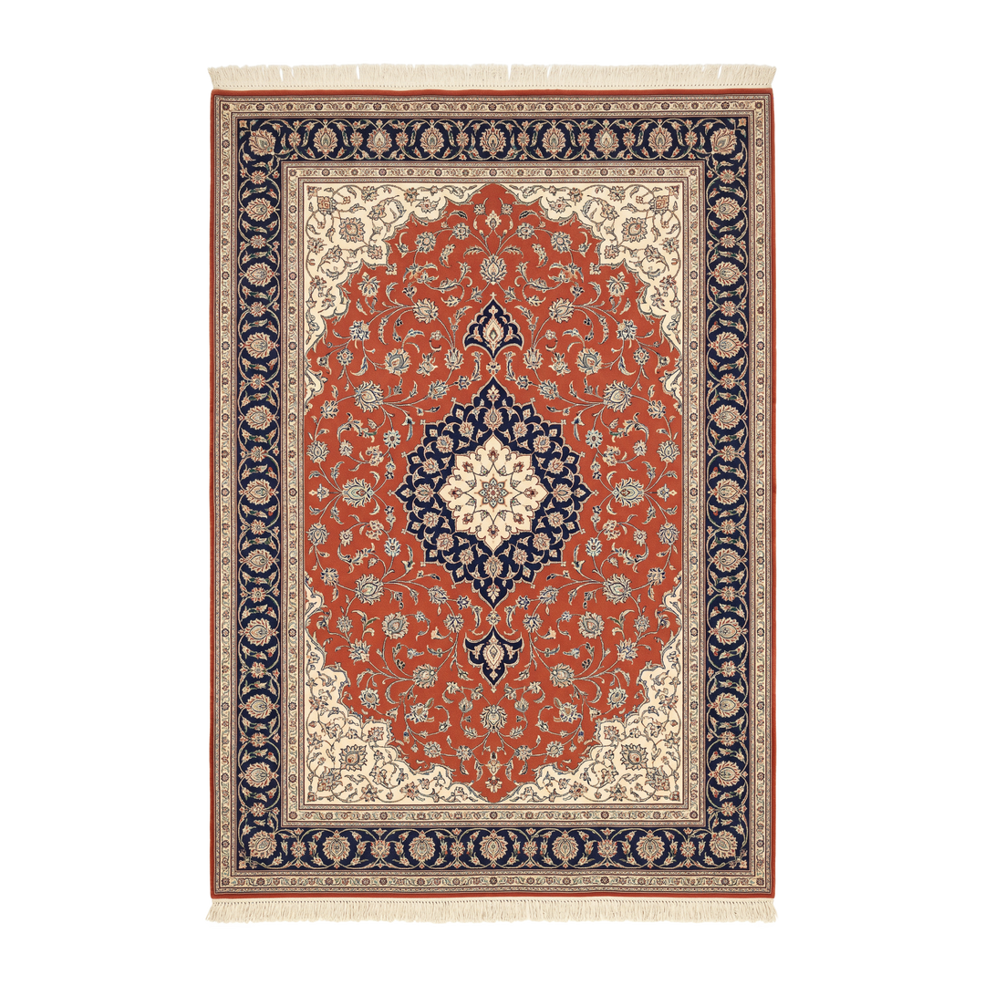 Medallion Shah Abbasi Persian handmade silk rug in Brick Red, 495 × 343 cm