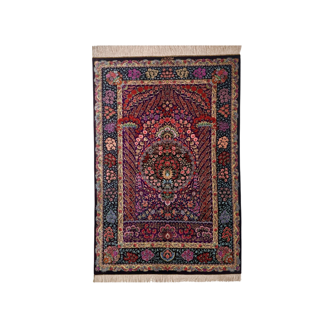 Tree of life Persian handmade silk rug in Brown, 148 × 101 cm