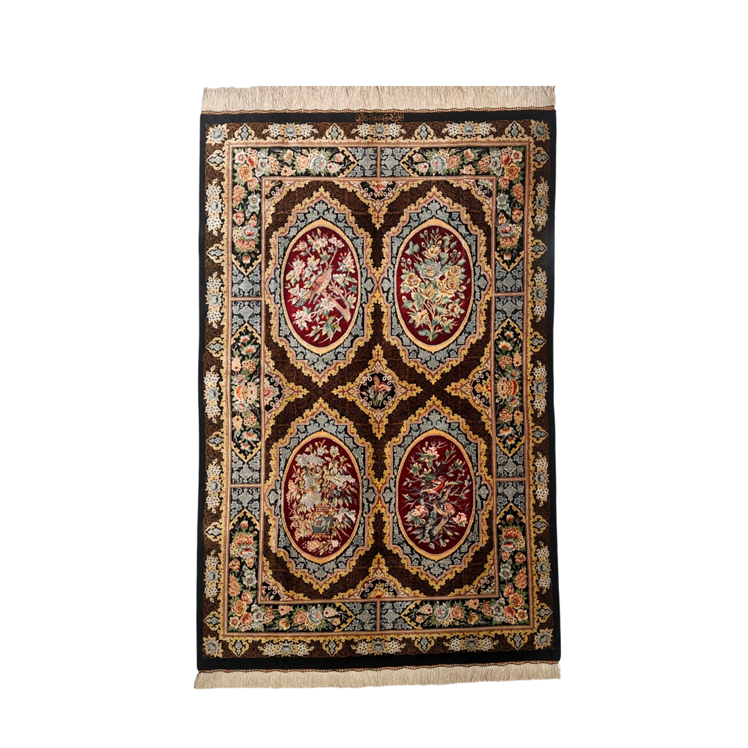 Panel Persian handmade silk rug in Black, 155 × 100 cm