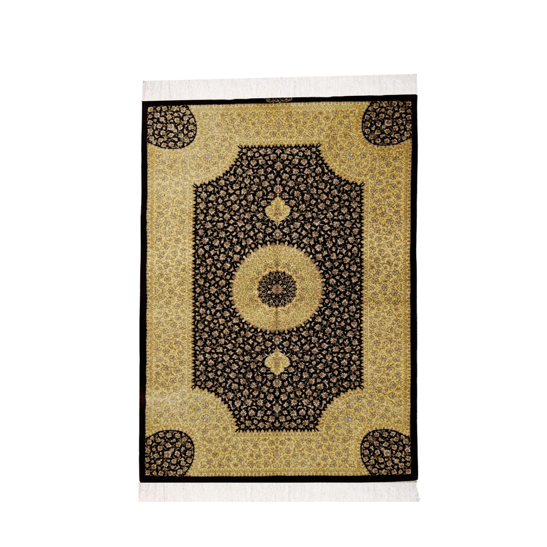 Medallion Persian handmade silk rug in Black, 146 × 100 cm
