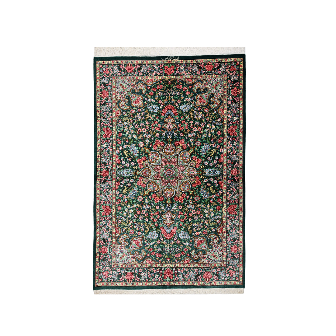 Central Medallion Persian handmade silk rug in Green, 119 × 78 cm