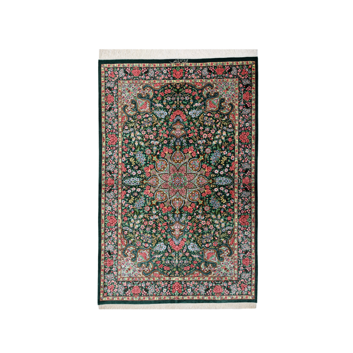 Central Medallion Persian handmade silk rug in Green, 119 × 78 cm