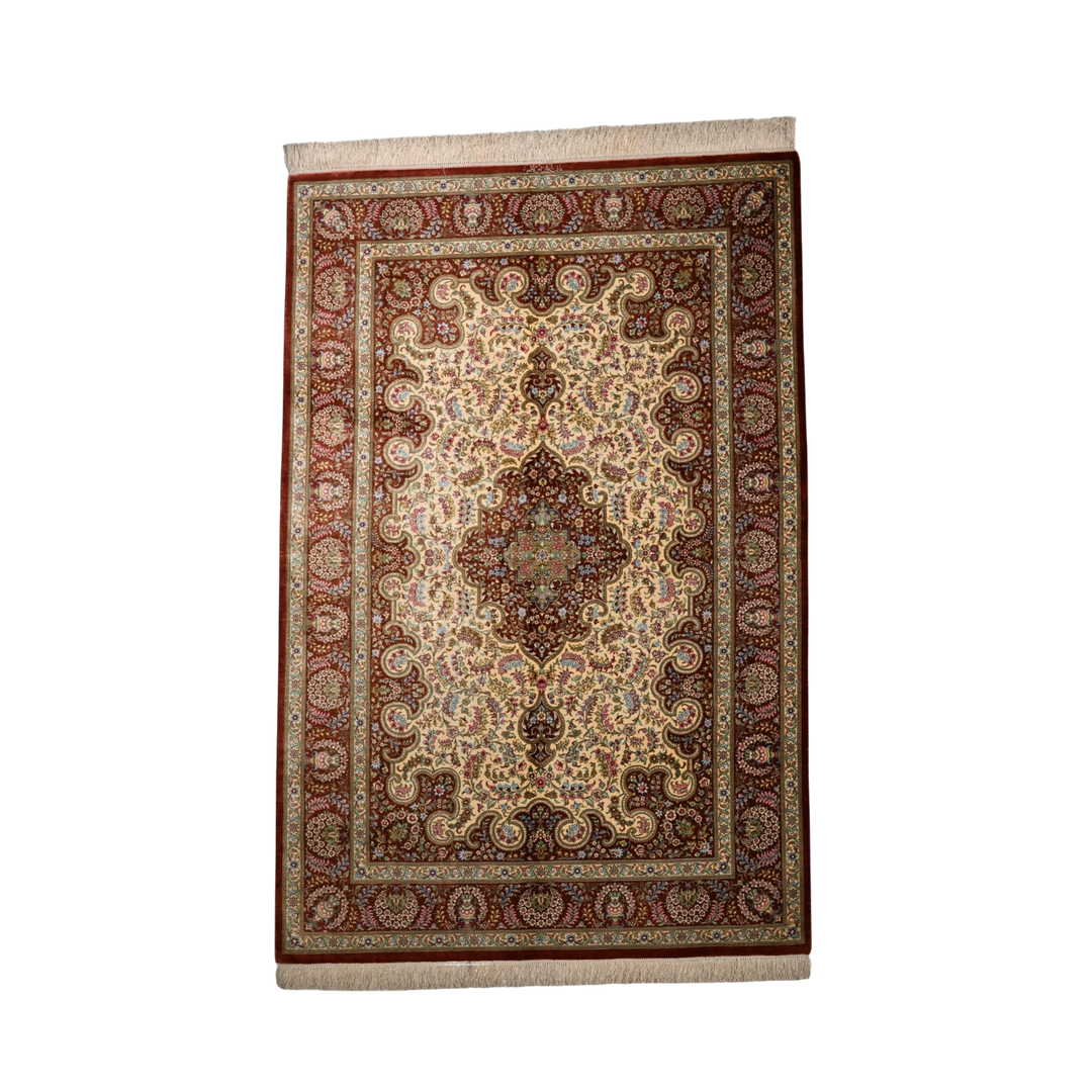 Islamic Medallion Persian handmade silk rug in Brown, 198 × 130 cm